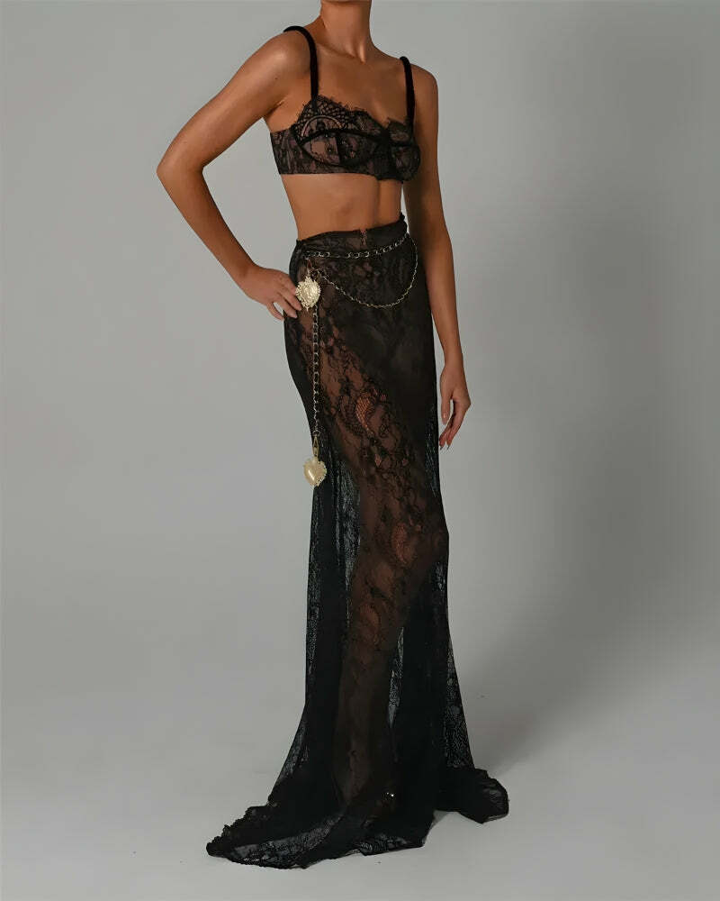 Sheer Lace Two-Piece Set - Y2K Fashion, Coquette Aesthetic, Cute Style