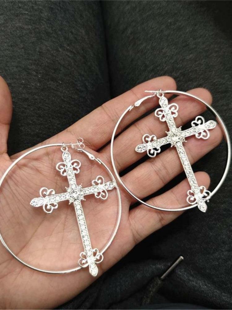 Sparkle Cross Hoop Earrings - Y2K Fashion, Coquette Aesthetic Jewelry