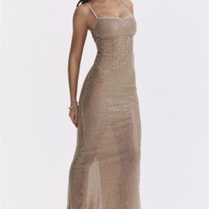 Sparkle Sequined Y2K Maxi Dress for Coquette and Grunge Aesthetic Styles