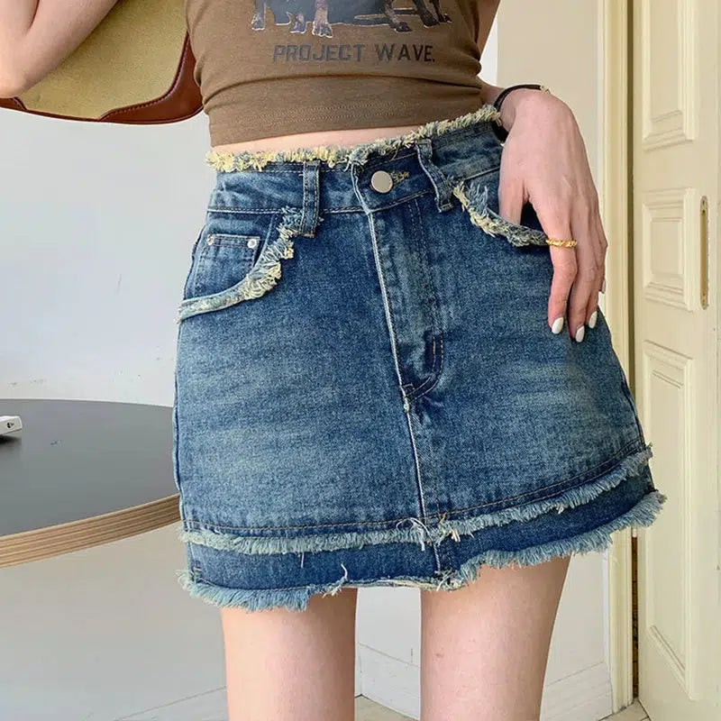 Tasseled Denim Mini Skort - Y2K Fashion, Grunge Aesthetic, Coquette Style