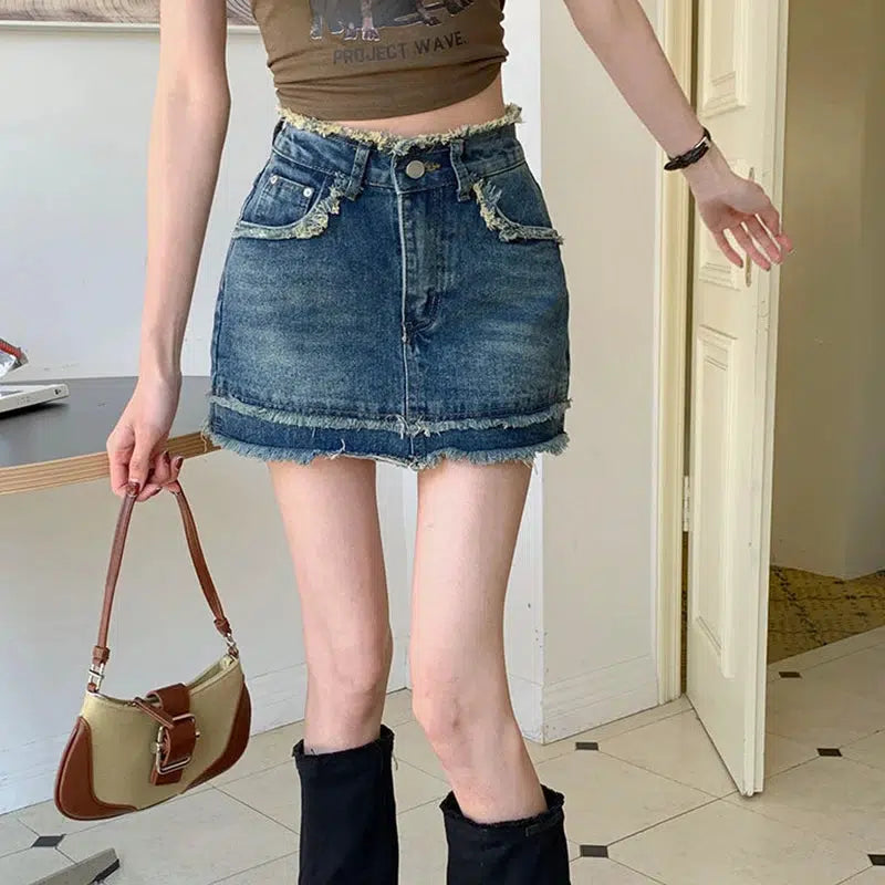 Tasseled Denim Mini Skort - Y2K Fashion, Grunge Aesthetic, Coquette Style