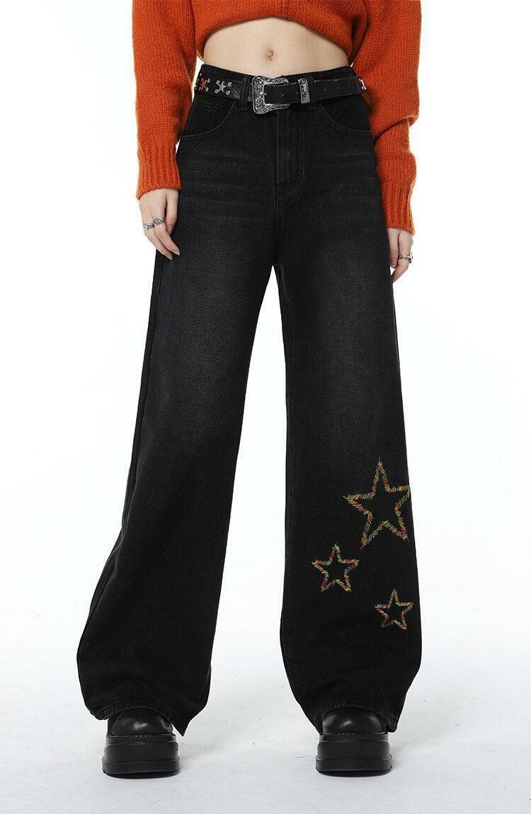 Tinsel Stars Y2K Wide Leg Jeans for Grunge, Coquette, and Emo Styles