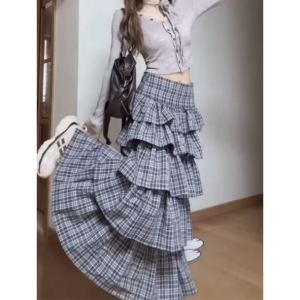 Trendy Long Plaid Y2K Skirt for Coquette and Grunge Aesthetic Lovers