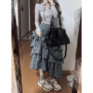 Trendy Long Plaid Y2K Skirt for Coquette and Grunge Aesthetic Lovers