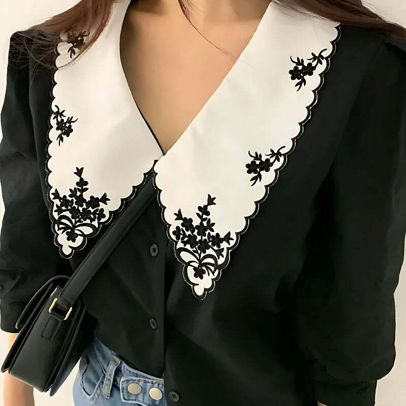 Vintage Embroidered Collar Shirt - Y2K Fashion, Coquette Aesthetic, Cute Tops