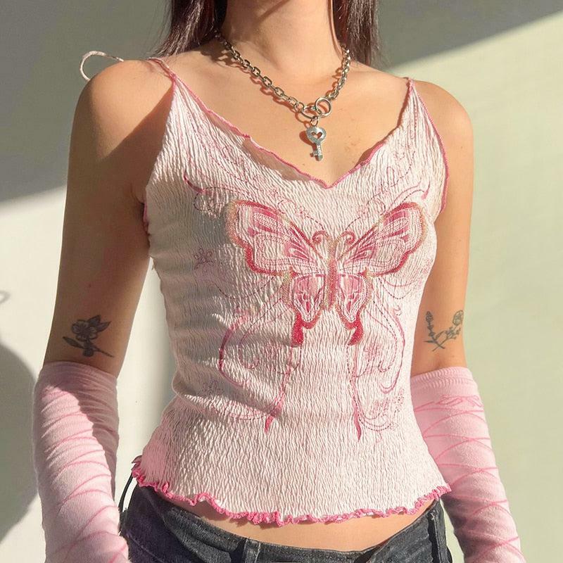 Y2K Butterfly Pink Crop Top - Cute Coquette Aesthetic for Trendy Outfits