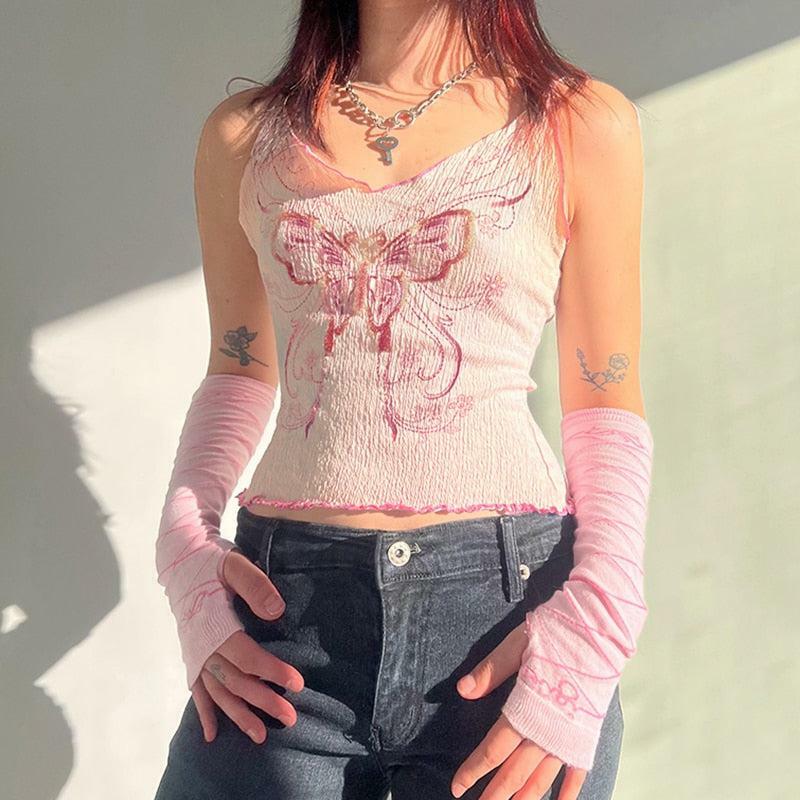 Y2K Butterfly Pink Crop Top - Cute Coquette Aesthetic for Trendy Outfits