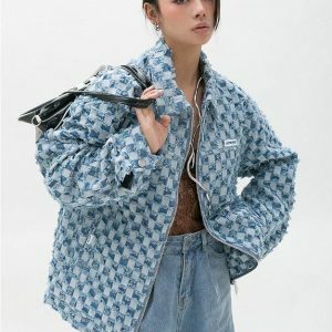 Y2K Checkered Zip Up Jacket - Grunge Aesthetic Oversized Hoodie