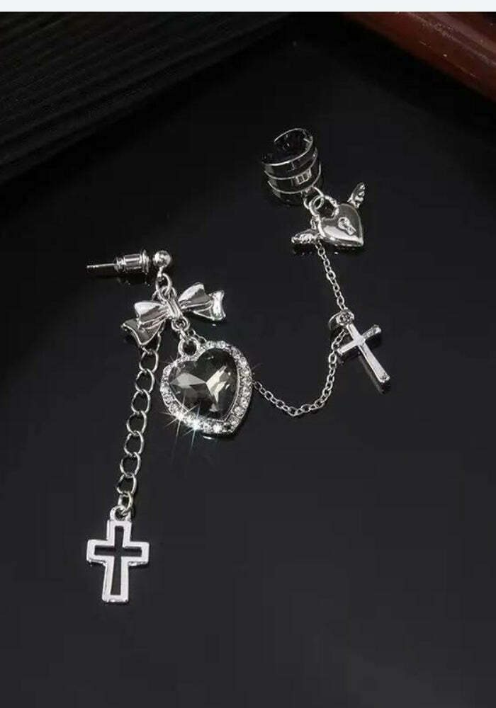 Y2K Coquette Aesthetic Heart Cross Chain Earrings for Emo & Grunge Style