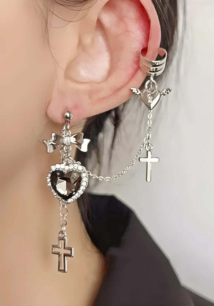 Y2K Coquette Aesthetic Heart Cross Chain Earrings for Emo & Grunge Style