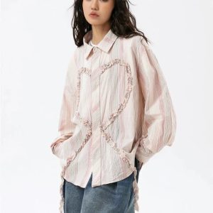 Y2K Coquette Aesthetic Ruffled Heart Shirt - Cute Emo Grunge Style Top