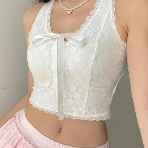 Y2K Coquette Bow Halter Neck Top - Cute Aesthetic Fashion for Every Occasion