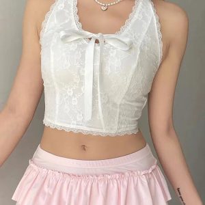 Y2K Coquette Bow Halter Neck Top - Cute Aesthetic Fashion for Every Occasion