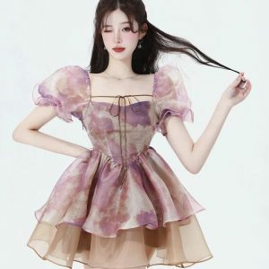 Y2K Coquette Puff Sleeve Layered Mini Dress for Cute Aesthetic Outfits