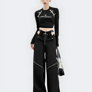 Y2K Cut Out Waist Pants - Grunge Aesthetic with Coquette Style Touch