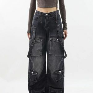 Y2K Dark Wash Cargo Jeans with Belt - Grunge & Coquette Style