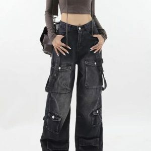 Y2K Dark Wash Cargo Jeans with Belt - Grunge & Coquette Style