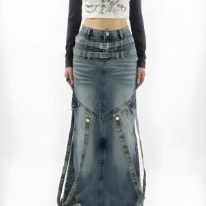 Y2K Denim Maxi Skirt - Grunge Aesthetic, Coquette Style, Cute Fashion