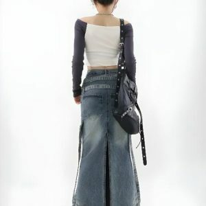 Y2K Denim Maxi Skirt - Grunge Aesthetic, Coquette Style, Cute Fashion