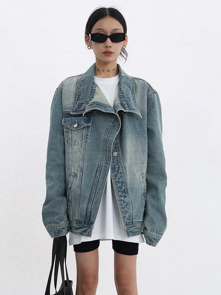 Y2K Fashion Asymmetrical Denim Jacket - Grunge & Coquette Aesthetic