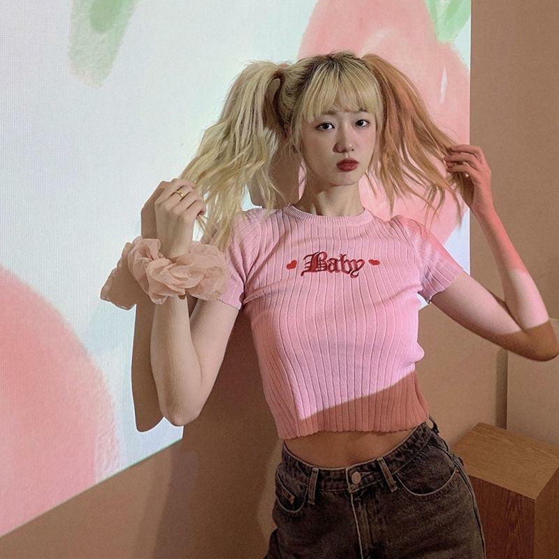 Y2K Fashion Barbie Embroidered Crop Top - Coquette Aesthetic Tee