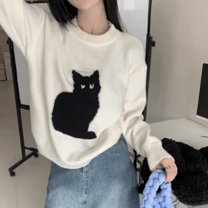 Y2K Fashion Black Kitty Oversized Sweater - Emo & Grunge Aesthetic