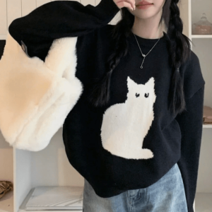 Y2K Fashion Black Kitty Oversized Sweater - Emo & Grunge Aesthetic