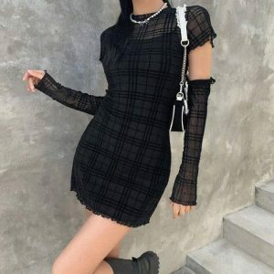 Y2K Fashion Black Plaid Mini Dress - Coquette Aesthetic & Grunge Style