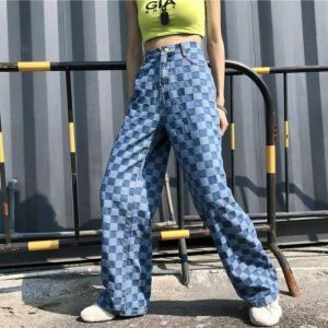 Y2K Fashion Blue Checkered Jeans - Grunge Aesthetic & Coquette Style