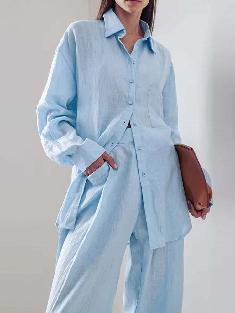 Y2K Fashion Blue Two Piece Set - Oversized Shirt & Cargo Pants Outfit