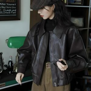 Y2K Fashion Brown Faux Leather Jacket - Grunge & Coquette Aesthetic