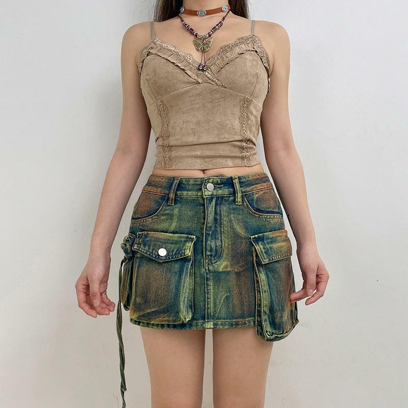 Y2K Fashion Cargo Denim Mini Skirt - Grunge Aesthetic & Coquette Style