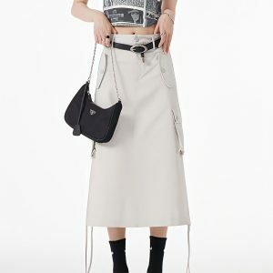 Y2K Fashion Cargo Midi Skirt with Slit & String Detail for Grunge Aesthetic