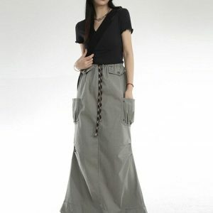 Y2K Fashion Cargo Pockets Parachute Maxi Skirt - Grunge & Coquette Style