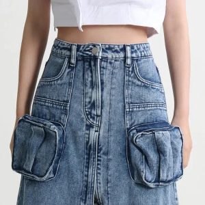 Y2K Fashion Cargo Split Denim Midi Skirt - Grunge & Coquette Aesthetic