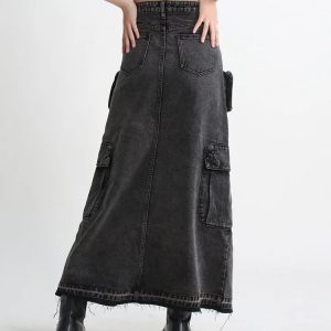 Y2K Fashion Cargo Split Denim Midi Skirt - Grunge & Coquette Aesthetic