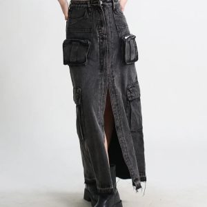 Y2K Fashion Cargo Split Denim Midi Skirt - Grunge & Coquette Aesthetic