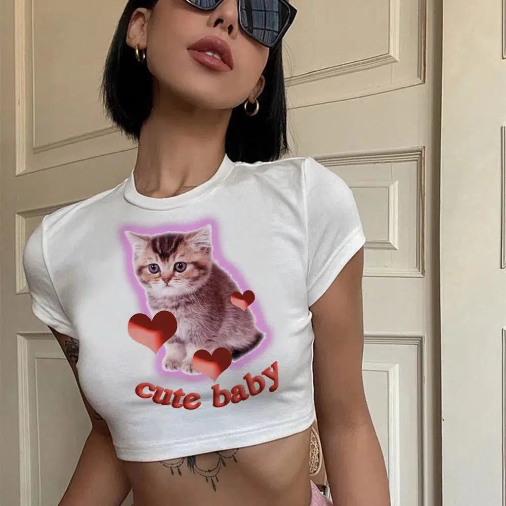 Y2K Fashion Cat Baby Tee - Cute Graphic Shirt for Coquette & Grunge Styles