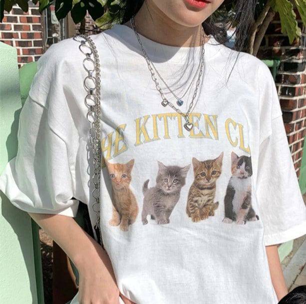 Y2K Fashion Cat Club T-Shirt - Cute Oversized Tee for Coquette Aesthetic