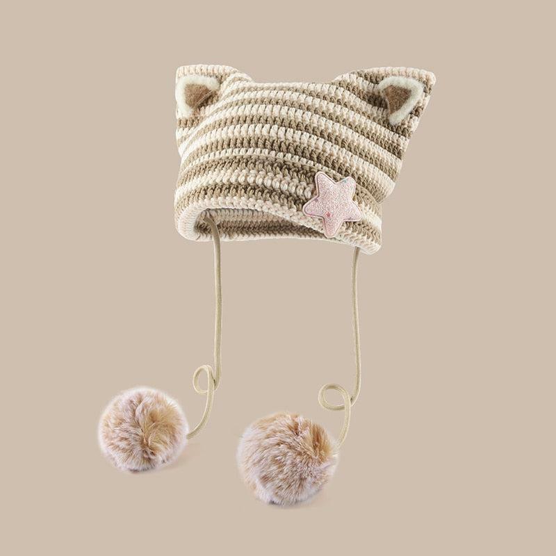 Y2K Fashion Cat Ear Pom-Pom Beanie - Cute Coquette & Grunge Style Accessory