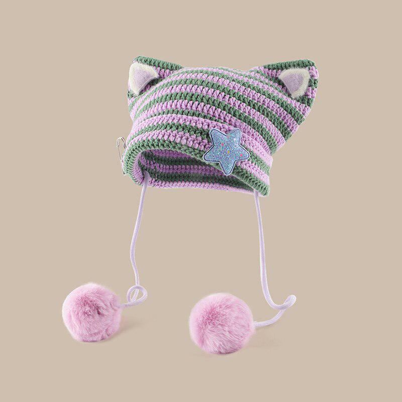 Y2K Fashion Cat Ear Pom-Pom Beanie - Cute Coquette & Grunge Style Accessory