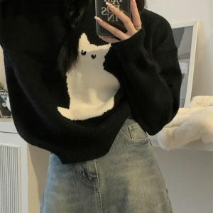 Y2K Fashion Cat Sweater: Oversized Grunge Aesthetic for Cozy Vibes