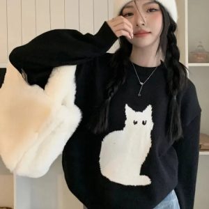 Y2K Fashion Cat Sweater: Oversized Grunge Aesthetic for Cozy Vibes