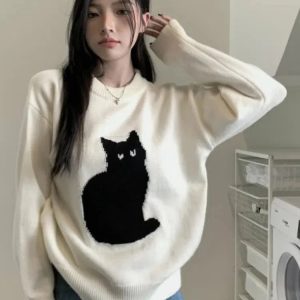 Y2K Fashion Cat Sweater: Oversized Grunge Aesthetic for Cozy Vibes