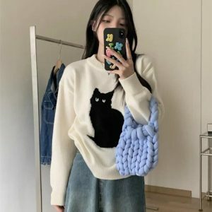 Y2K Fashion Cat Sweater: Oversized Grunge Aesthetic for Cozy Vibes