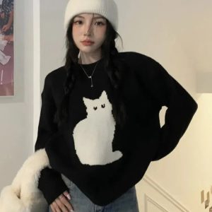 Y2K Fashion Cat Sweater: Oversized Grunge Aesthetic for Cozy Vibes