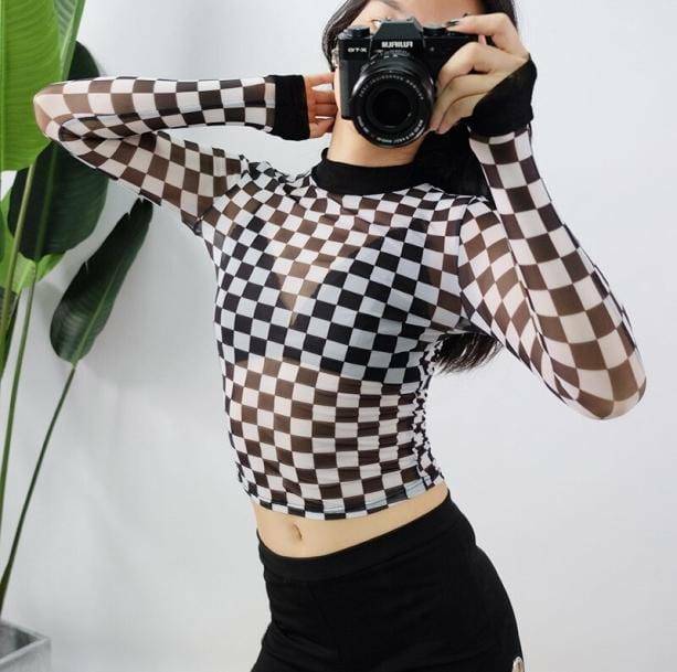 Y2K Fashion Checkerboard Top - Grunge Aesthetic & Coquette Style