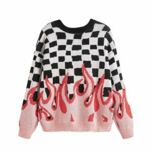 Y2K Fashion Checkered Flames Oversized Sweater - Grunge & Coquette Style