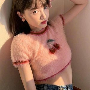 Y2K Fashion Cherry Fluffy Crop Top - Coquette Aesthetic Cute Style