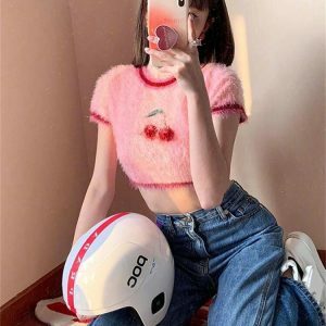 Y2K Fashion Cherry Fluffy Crop Top - Coquette Aesthetic Cute Style